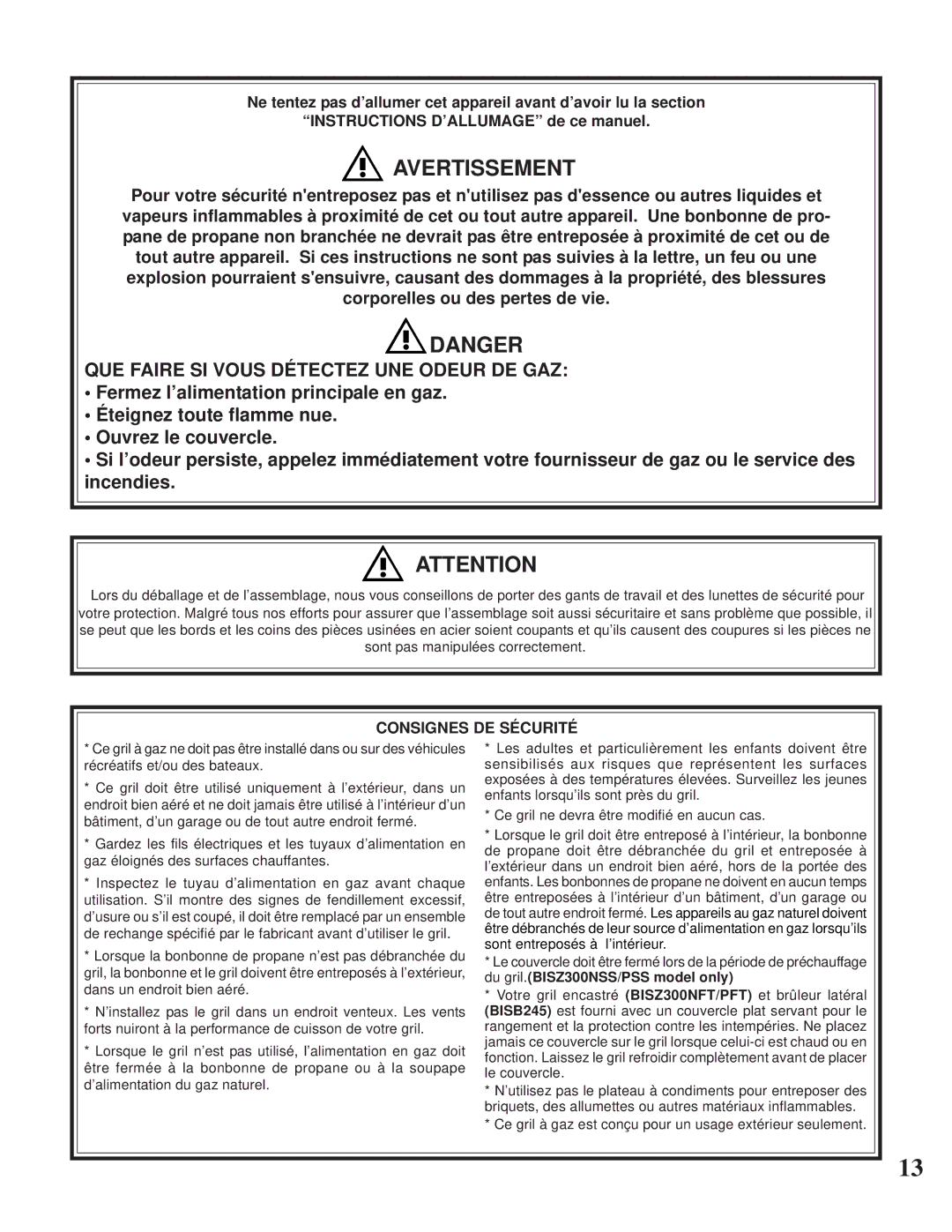 Napoleon Grills BISZ300, BISB245 operating instructions Avertissement, QUE Faire SI Vous Détectez UNE Odeur DE GAZ 