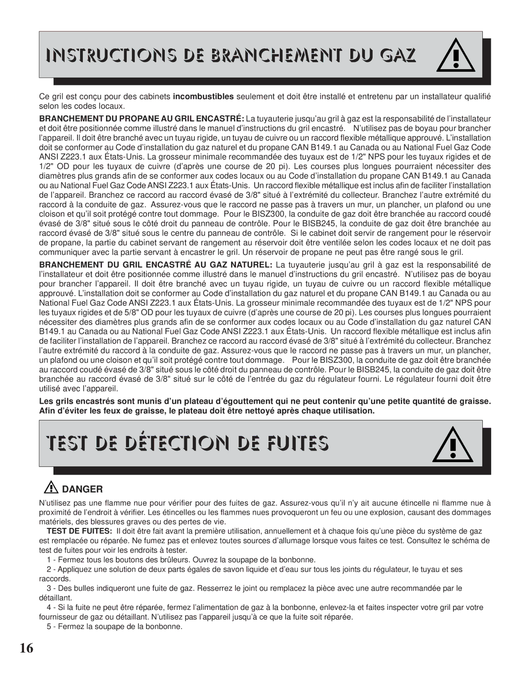 Napoleon Grills BISB245, BISZ300 operating instructions Instructions DE Branchement DU GAZ 