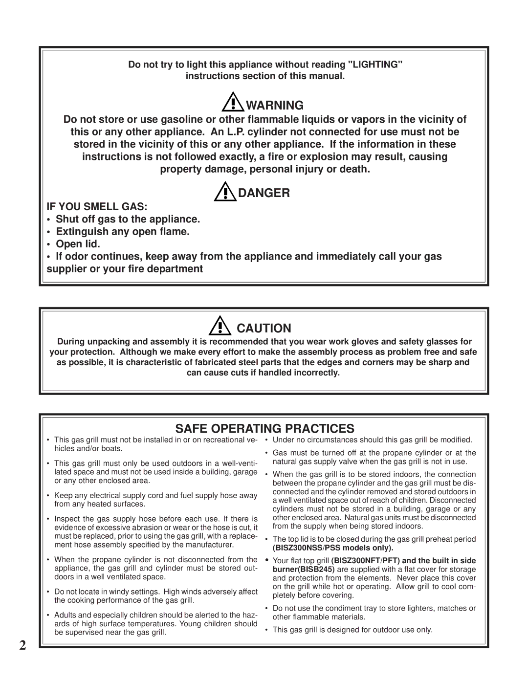 Napoleon Grills BISB245, BISZ300 operating instructions Safe Operating Practices, If YOU Smell GAS 