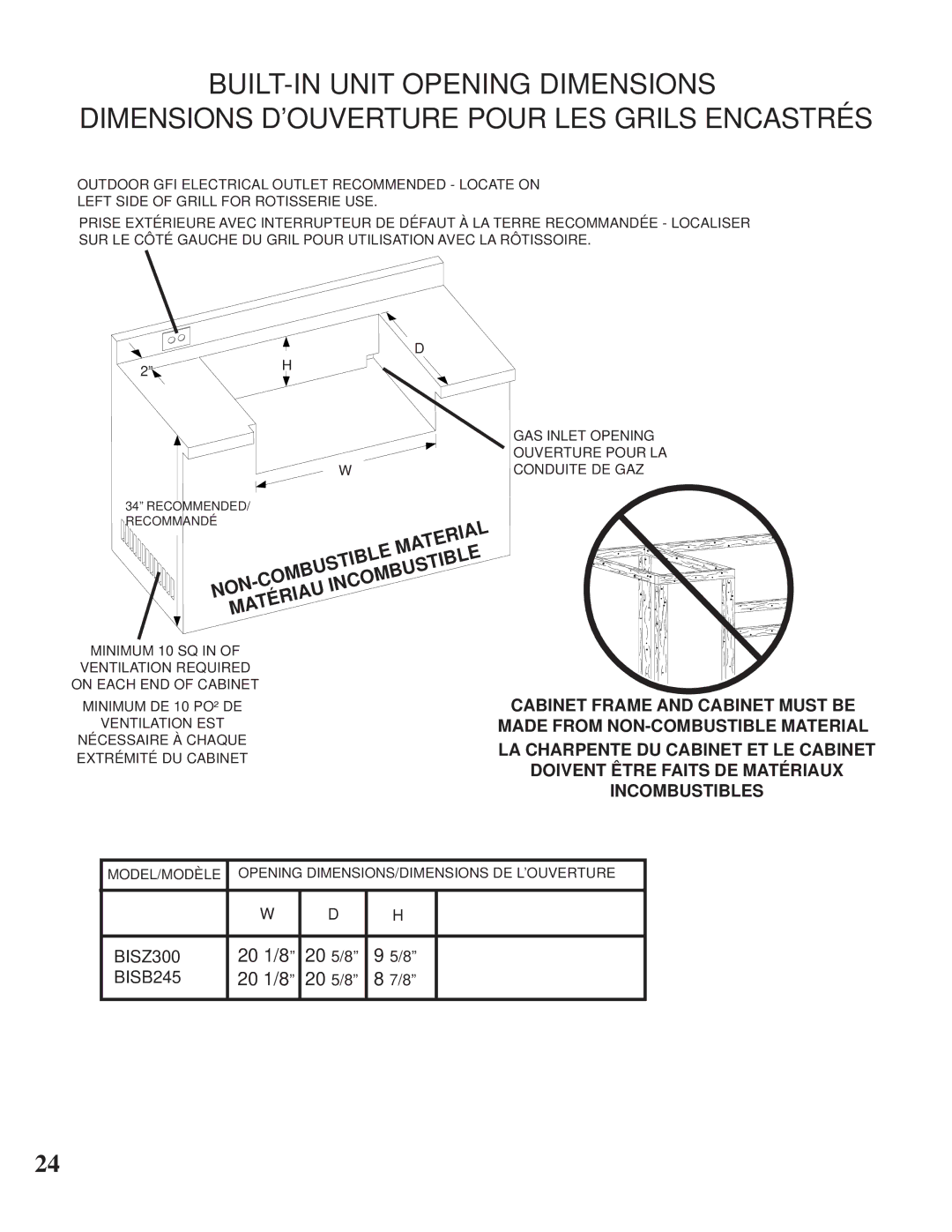 Napoleon Grills BISB245, BISZ300 operating instructions Material, Combustible, NON Incombustible Matériau, 20 5/8 