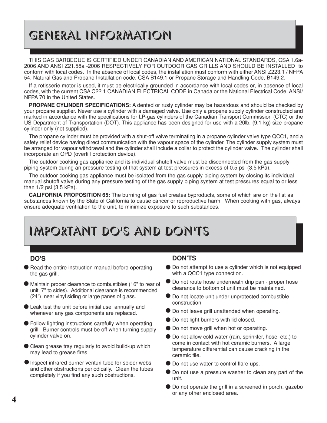 Napoleon Grills BISB245, BISZ300 operating instructions General Information, Important DOS and Donts, Dos 