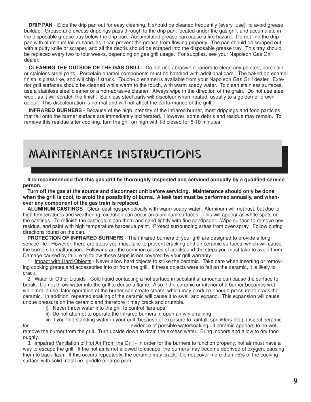 Napoleon Grills BISZ300, BISB245 operating instructions Maintenance Instructions 