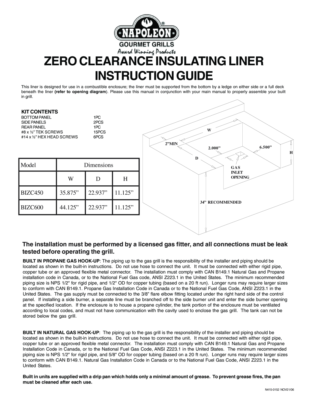 Napoleon Grills BIZC450, BIZC600 dimensions Zero Clearance Insulating Liner Instruction Guide, Kit Contents 