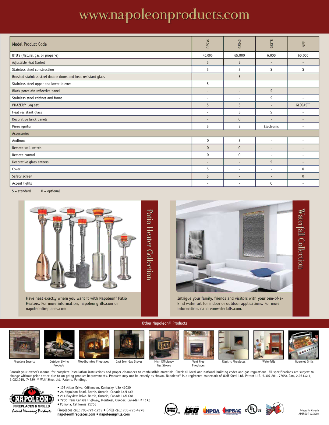 Napoleon Grills BTU'S manual Patio Heater Collection Waterfall Collection 