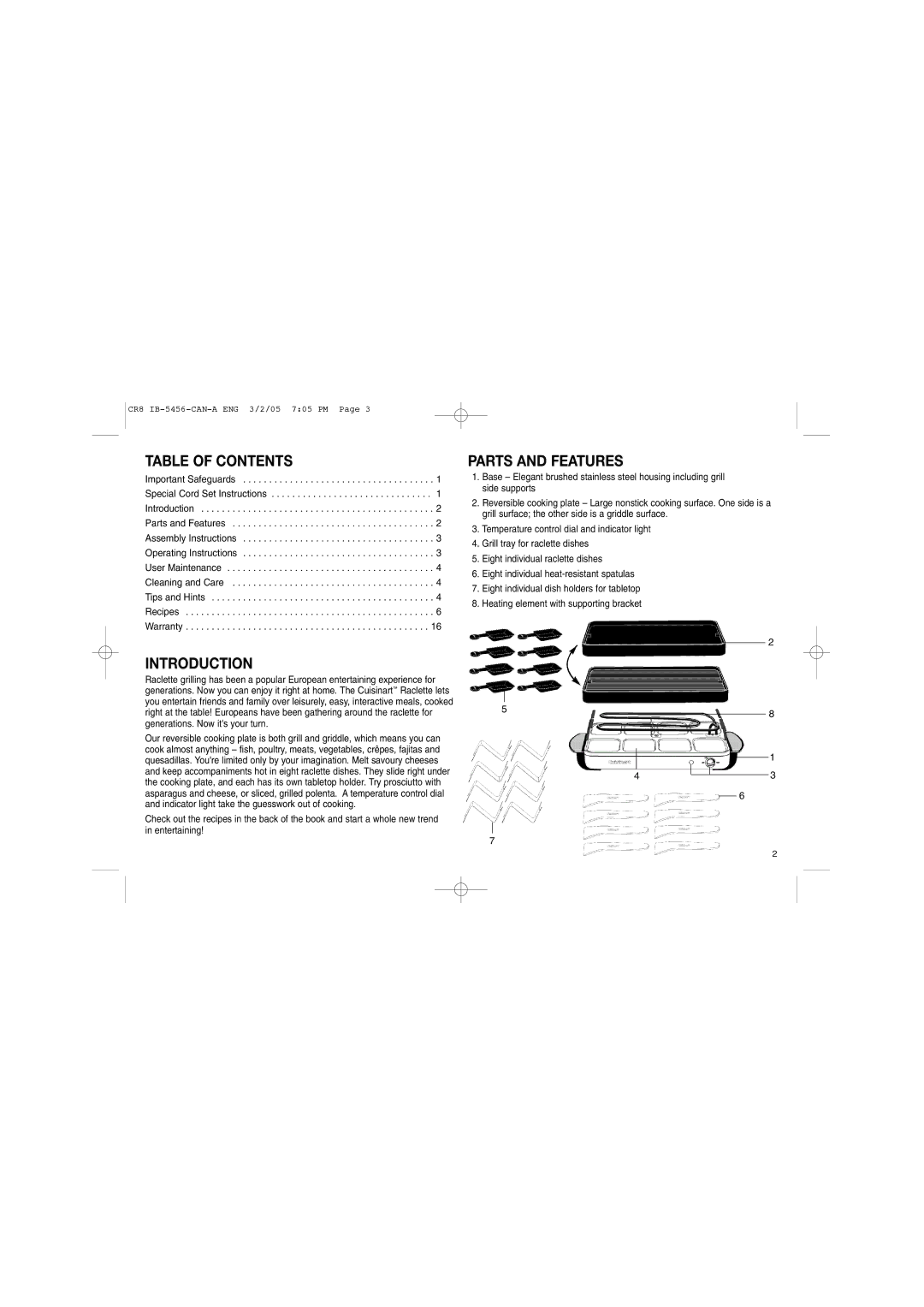 Napoleon Grills CR-8C manual Table of Contents, Introduction, Parts and Features 