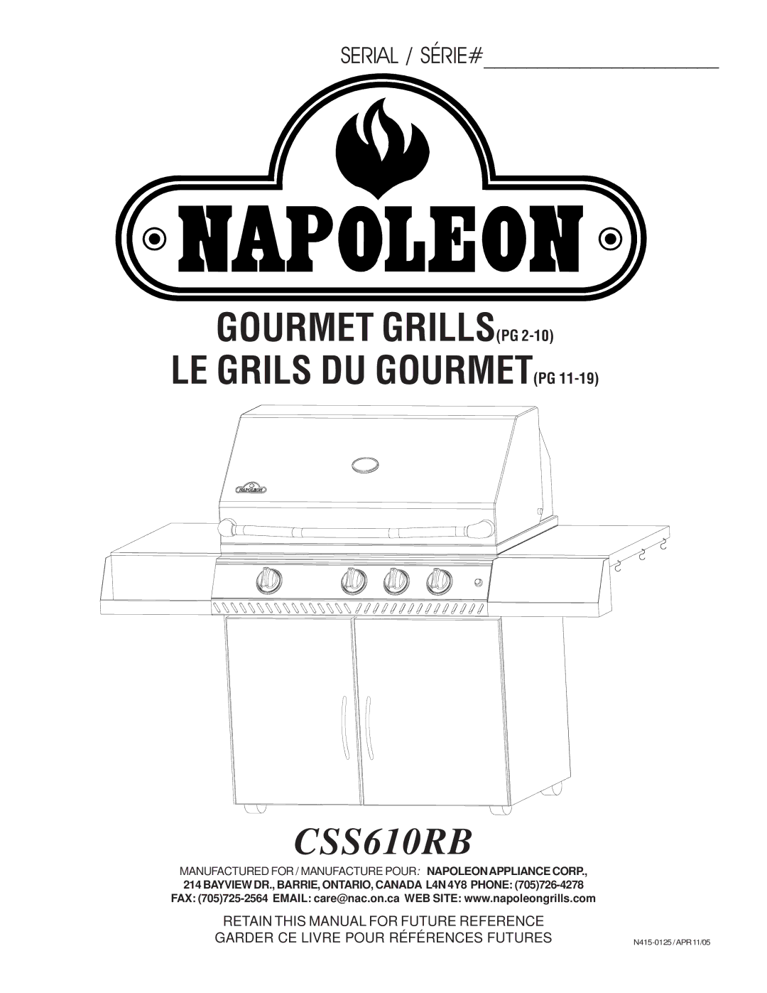 Napoleon Grills CSS610RB manual 