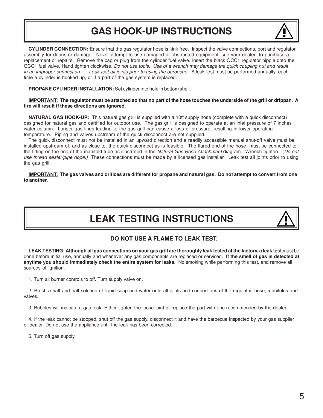 Napoleon Grills CSS610RB manual GAS HOOK-UP Instructions, Leak Testing Instructions 