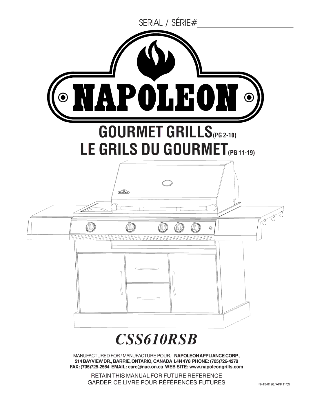 Napoleon Grills CSS610RSB manual 