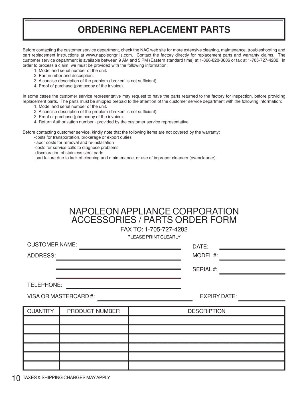 Napoleon Grills CSS610RSB manual Ordering Replacement Parts 