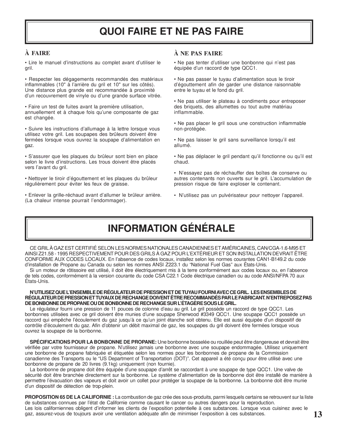 Napoleon Grills CSS610RSB manual Quoi Faire ET NE PAS Faire, Information Générale 