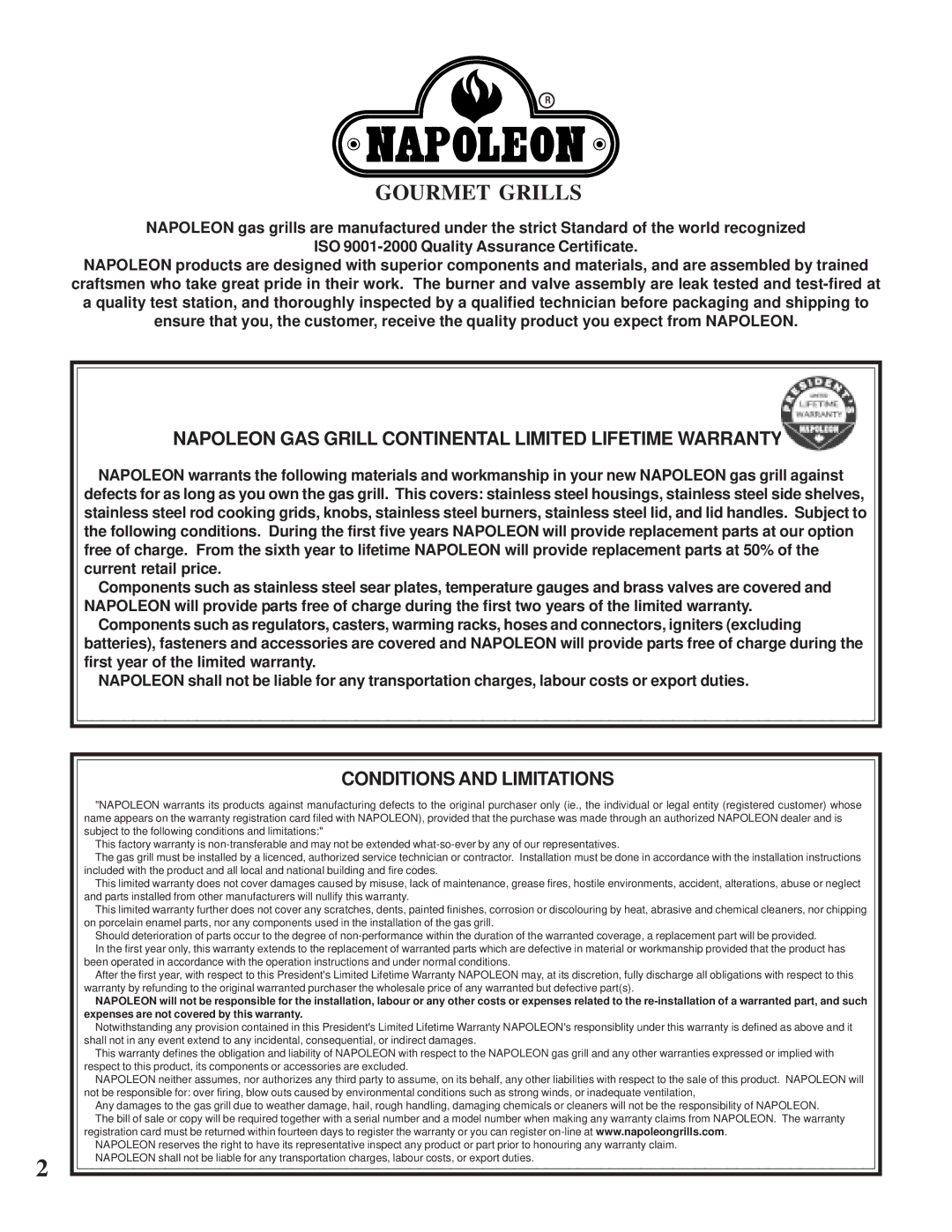 Napoleon Grills CSS610RSB manual Napoleon GAS Grill Continental Limited Lifetime Warranty, Conditions and Limitations 