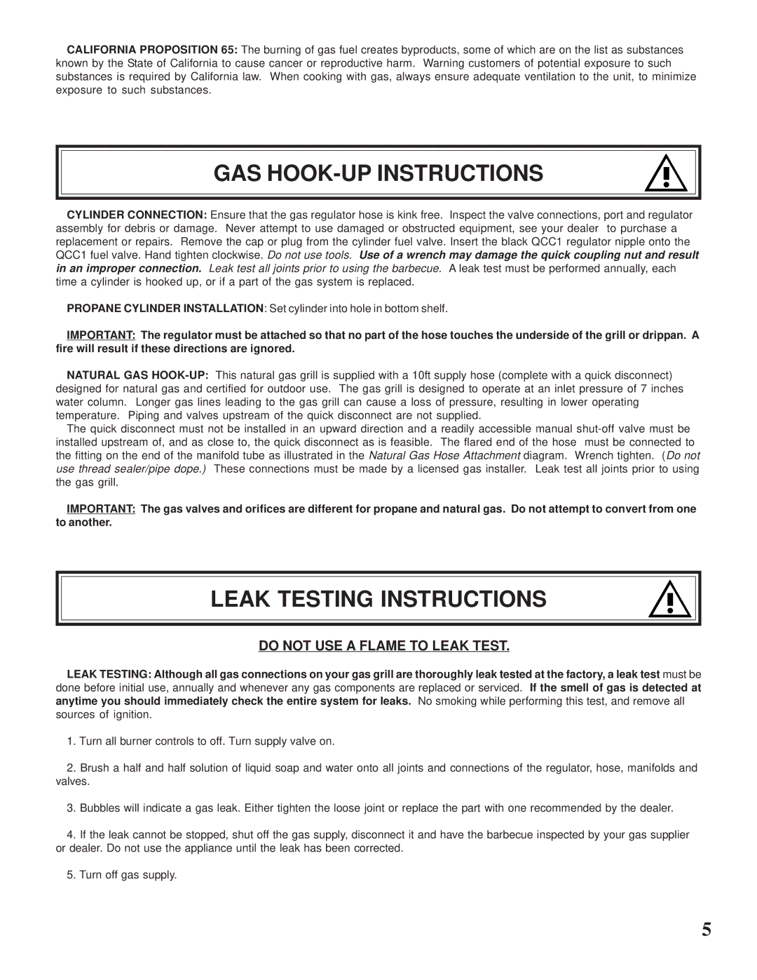 Napoleon Grills CSS610RSB manual GAS HOOK-UP Instructions, Leak Testing Instructions 