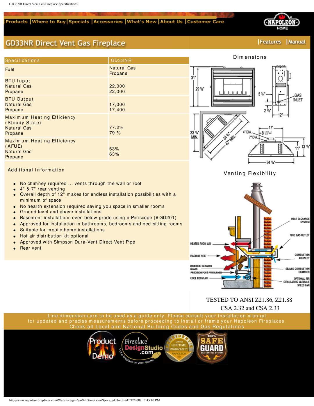 Napoleon Grills GD33NR specifications Tested to Ansi Z21.86, Z21.88 CSA 2.32 and CSA, Afue 