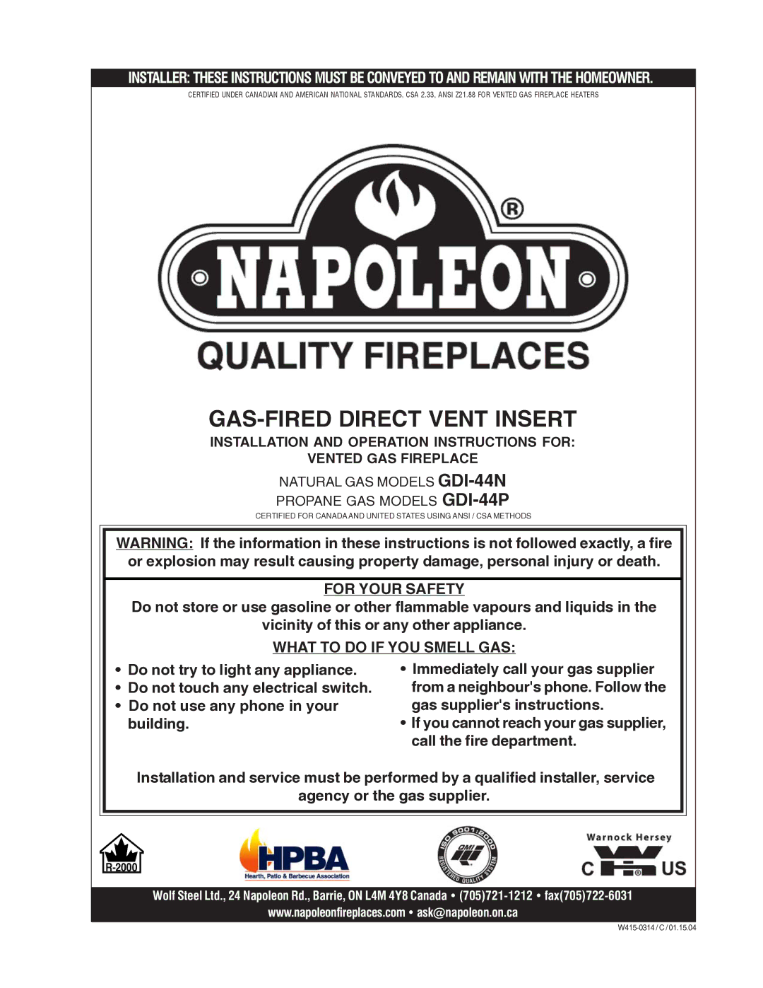 Napoleon Grills GDI-44N, GDI-44P manual GAS-FIRED Direct Vent Insert 