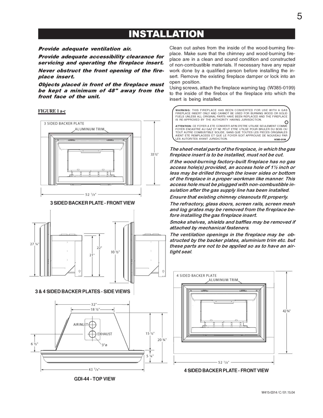 Napoleon Grills GDI-44N, GDI-44P manual Installation, Sided Backer Plate Front View 