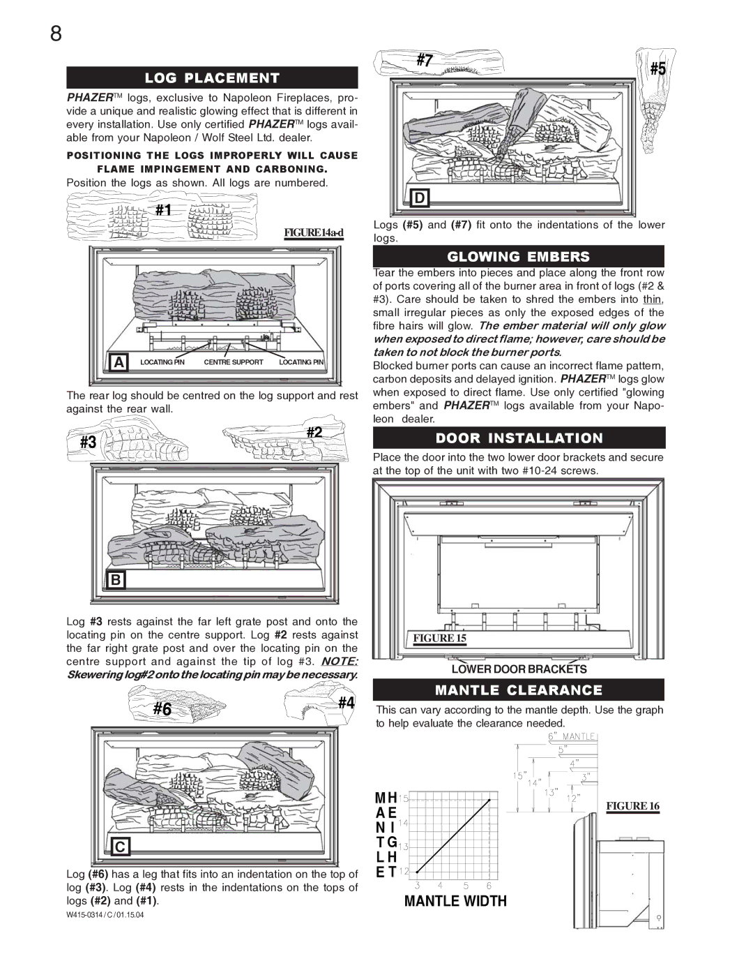Napoleon Grills GDI-44P, GDI-44N manual LOG Placement, Glowing Embers, Door Installation, Mantle Clearance 