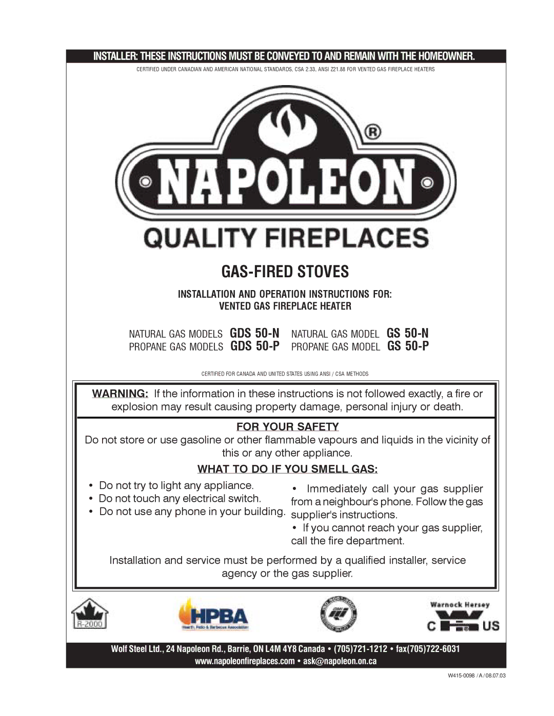 Napoleon Grills GDS 50-P, GDS 50-N, GS 50-P, GS 50-N manual GAS-FIRED Stoves 