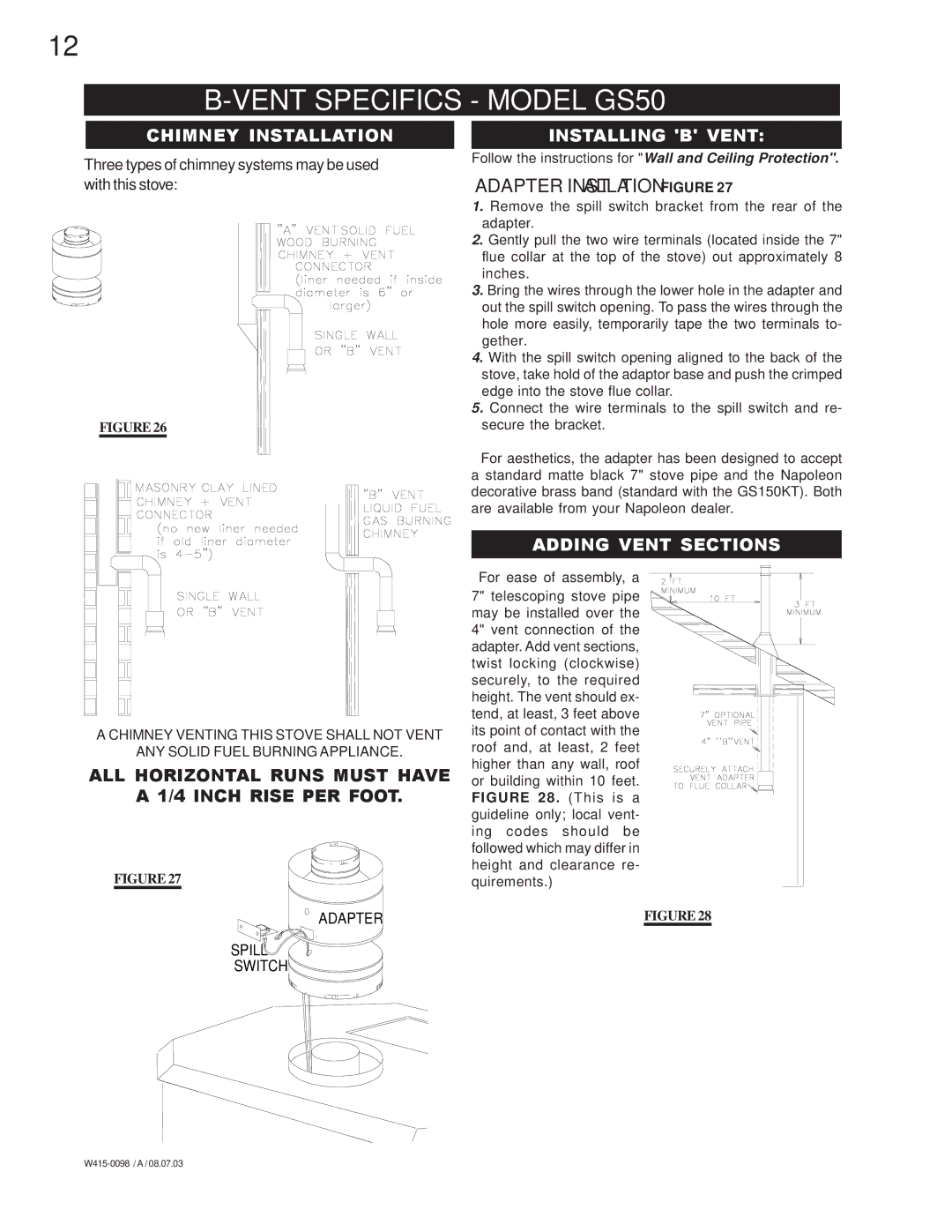 Napoleon Grills GDS 50-N, GS 50-P Vent Specifics Model GS50, Chimney Installation, Installing B Vent, Adding Vent Sections 