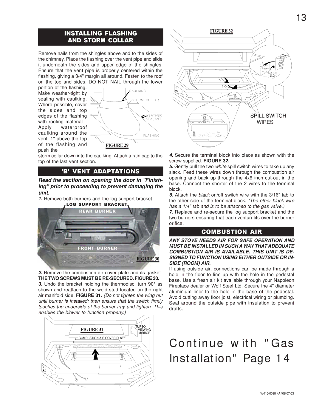 Napoleon Grills GDS 50-P, GDS 50-N, GS 50-P, GS 50-N manual Installing Flashing Storm Collar, Vent Adaptations, Combustion AIR 