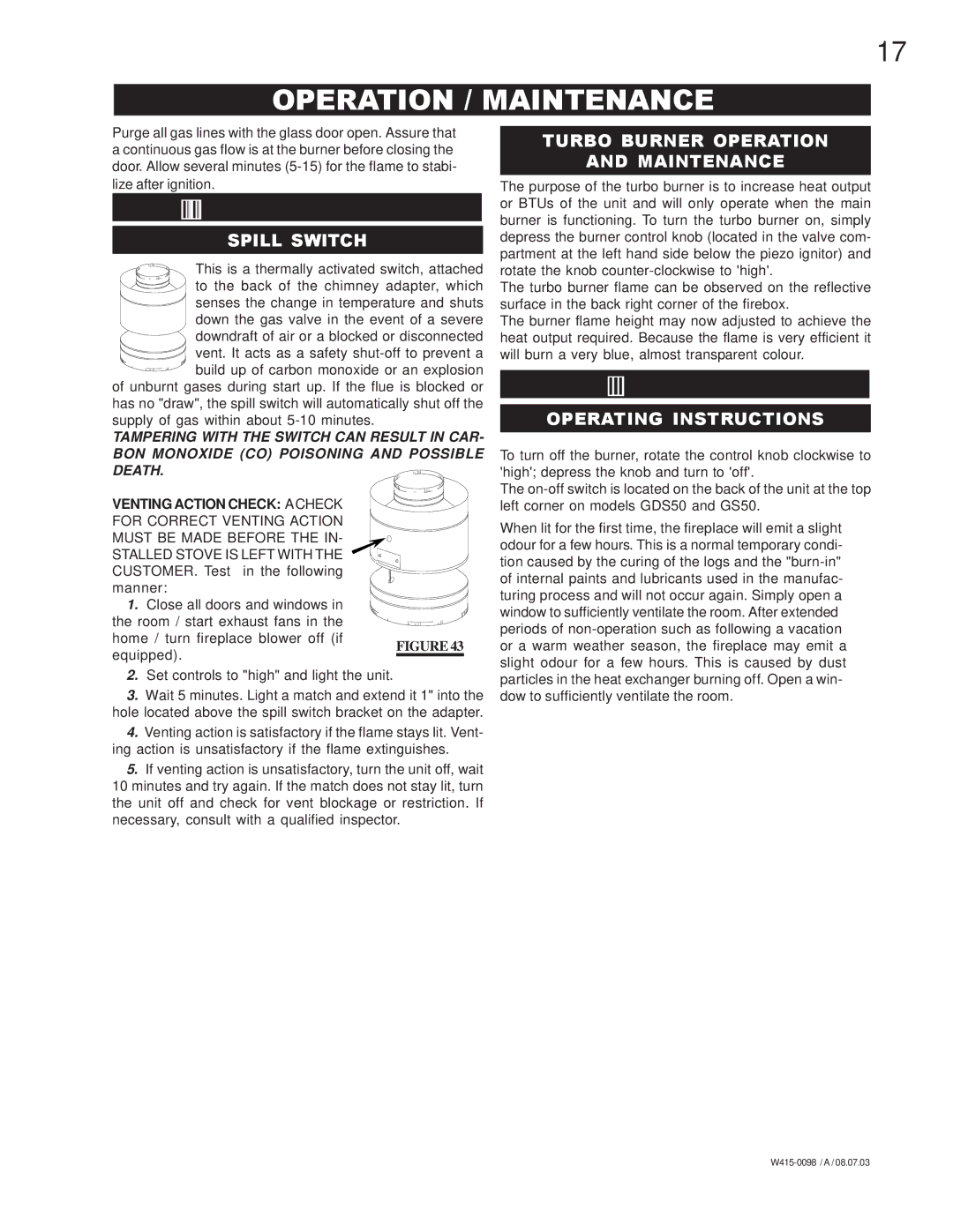 Napoleon Grills GDS 50-P Operation / Maintenance, Spill Switch, Turbo Burner Operation Maintenance, Operating Instructions 