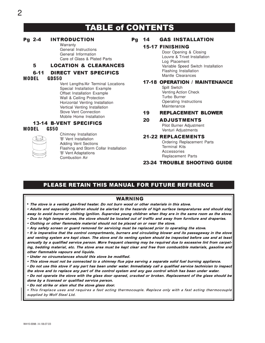 Napoleon Grills GS 50-P, GDS 50-N, GDS 50-P, GS 50-N manual Table of Contents 