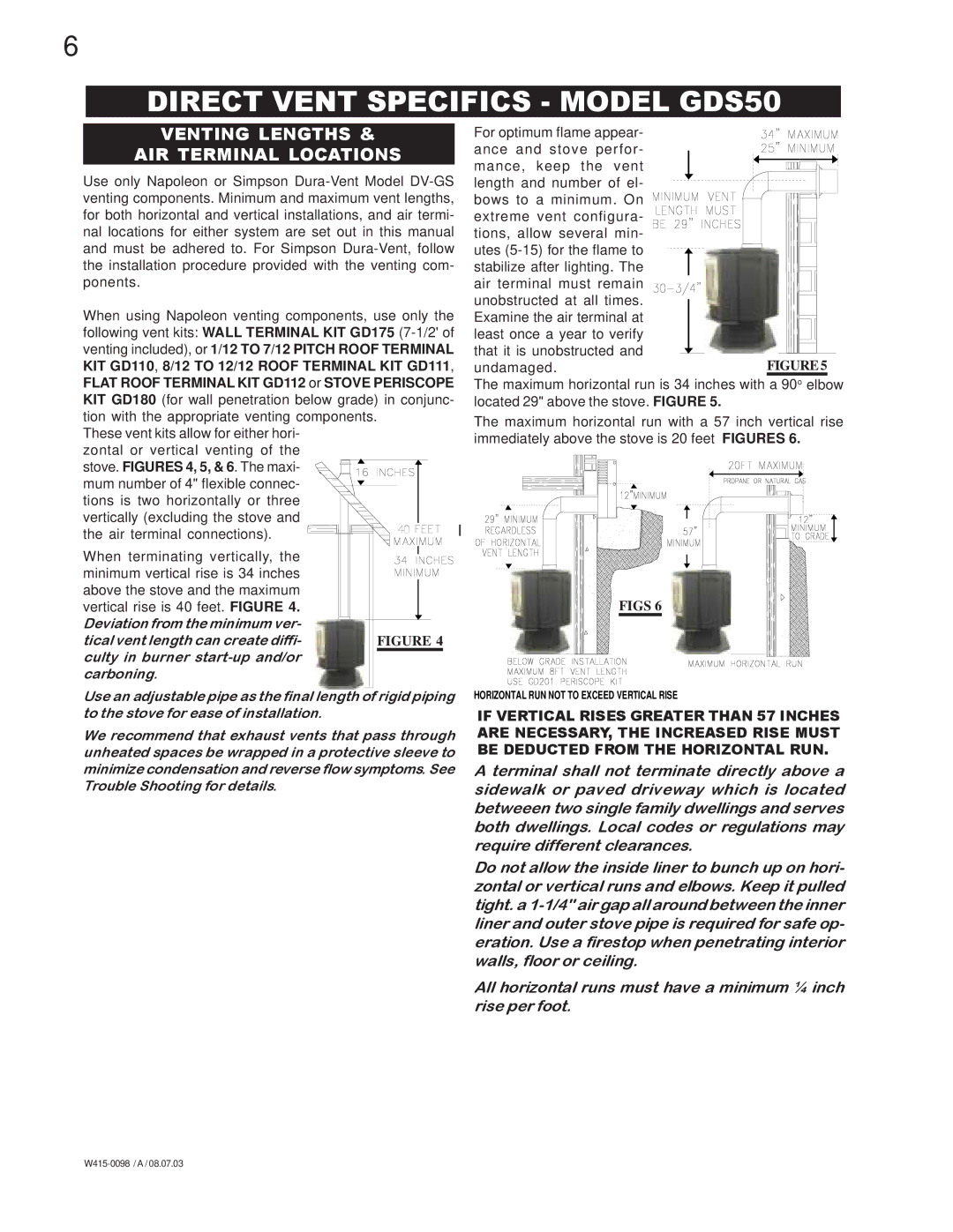 Napoleon Grills GS 50-P, GDS 50-N, GDS 50-P manual Direct Vent Specifics Model GDS50, Venting Lengths AIR Terminal Locations 