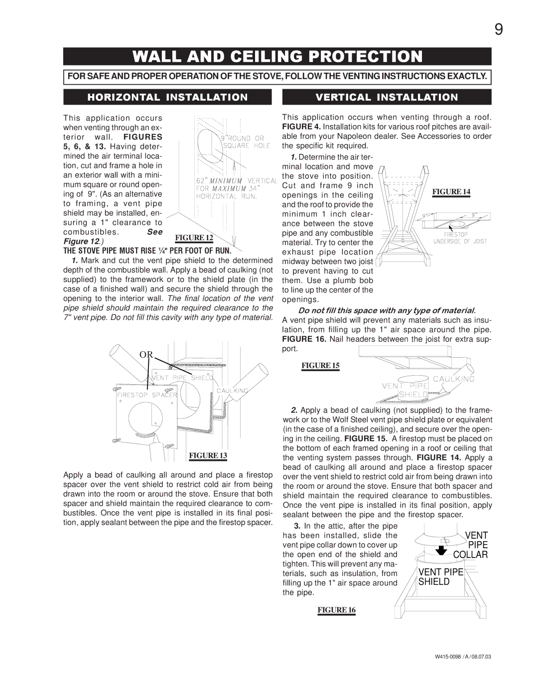 Napoleon Grills GDS 50-P, GDS 50-N, GS 50-P manual Wall and Ceiling Protection, Horizontal Installation Vertical Installation 