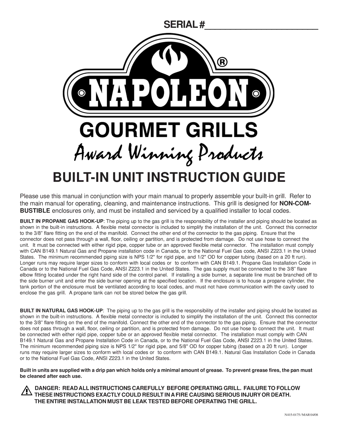 Napoleon Grills Gourmet Grill manual BUILT-IN Unit Instruction Guide 