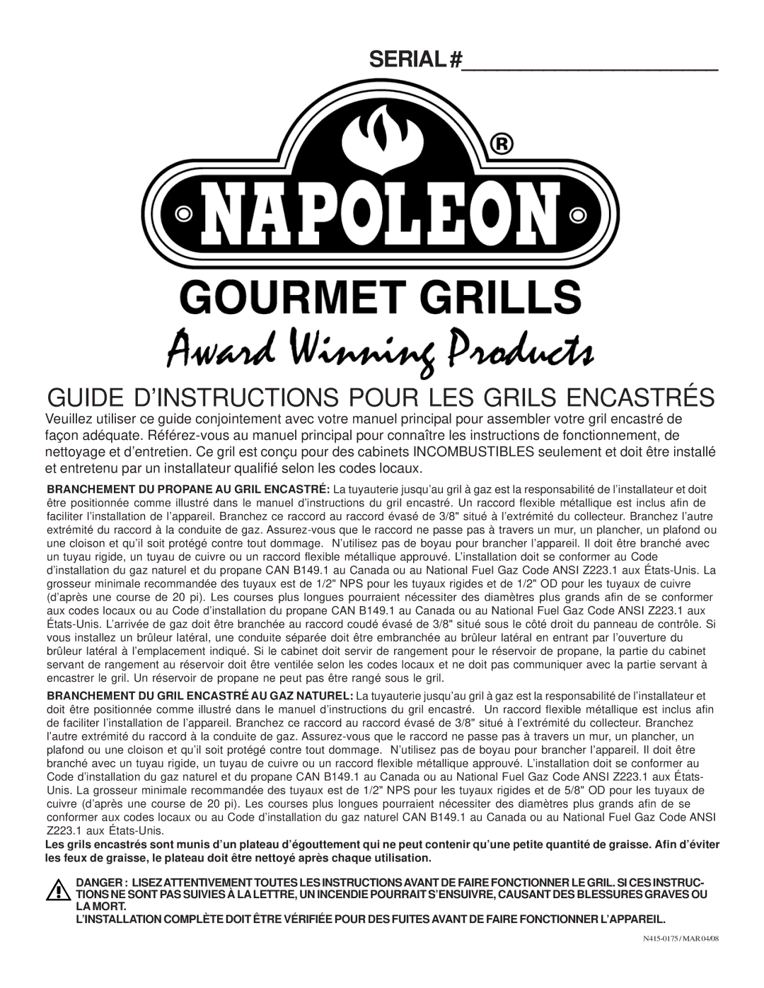 Napoleon Grills Gourmet Grill manual Guide D’INSTRUCTIONS Pour LES Grils Encastrés 