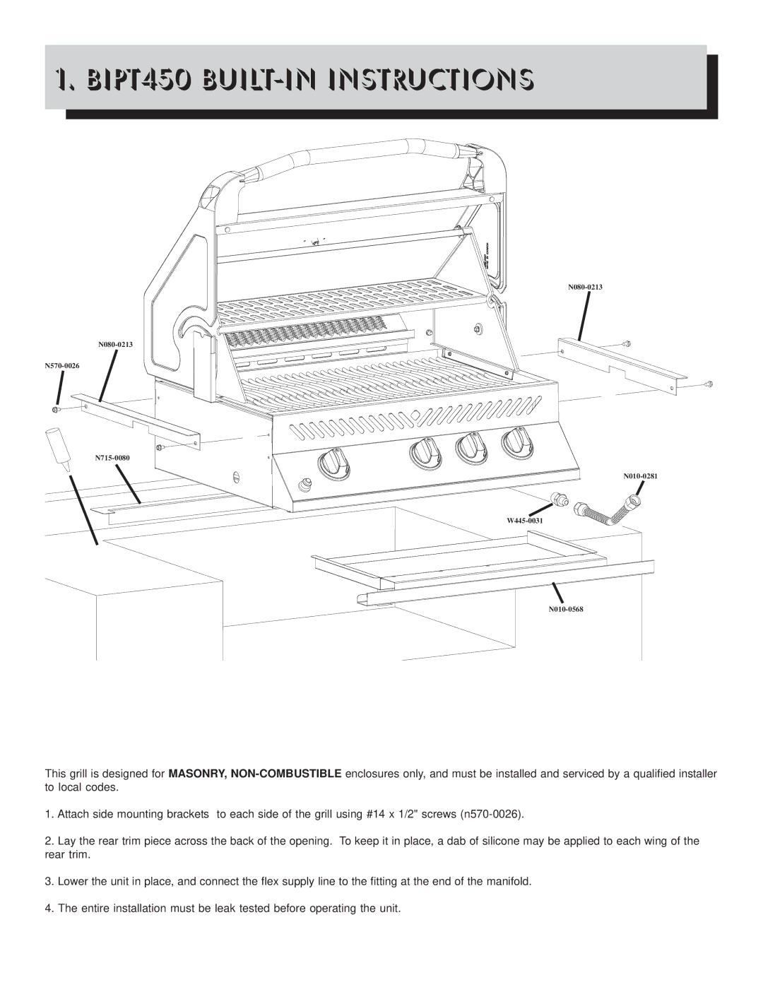 Napoleon Grills Gourmet Grill manual BIPT450 BUILT-IN Instructions 