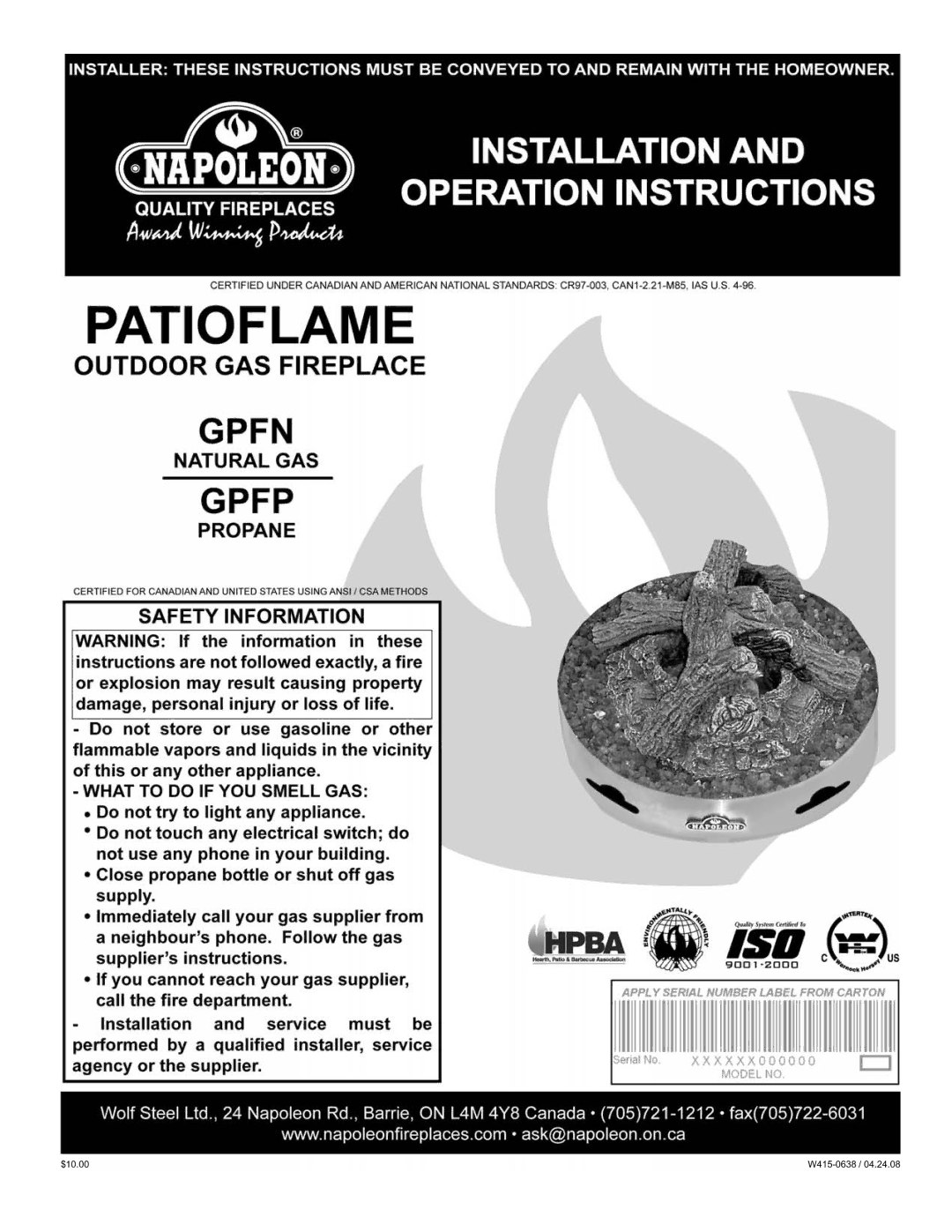 Napoleon Grills GPFN, GPFP manual $10.00 W415-0638 