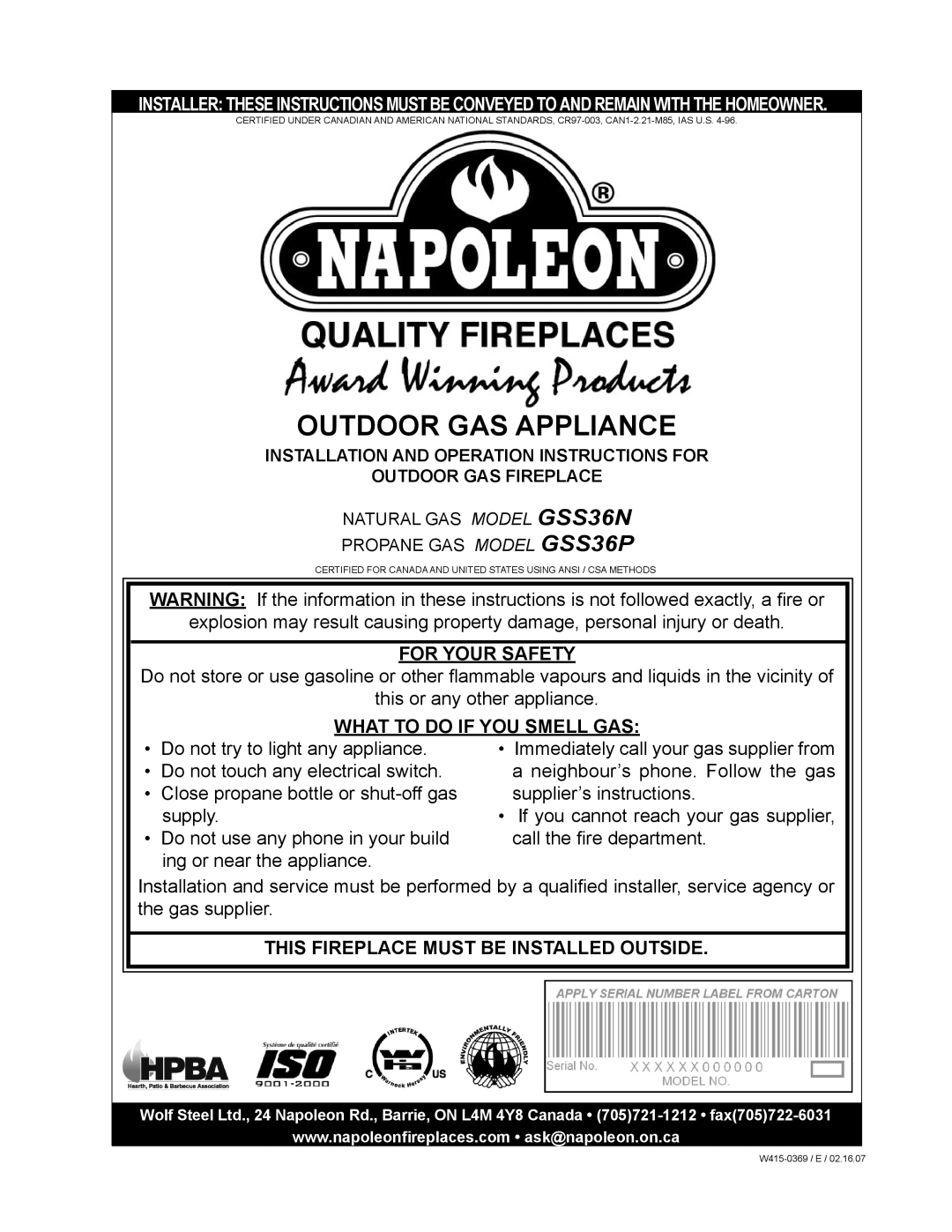 Napoleon Grills GSS36P, GSS36N manual Outdoor GAS Appliance 