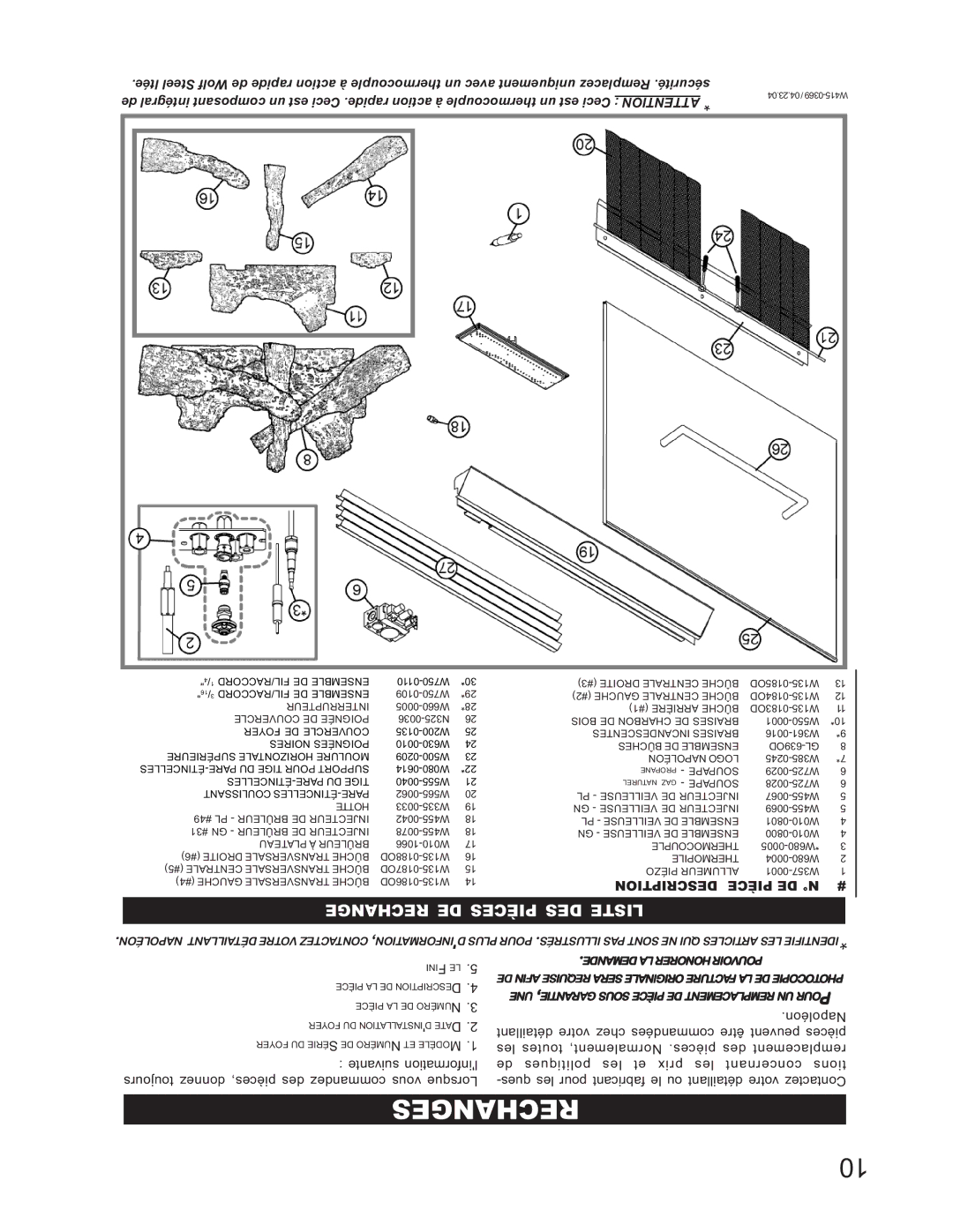 Napoleon Grills GSS36P, GSS36N manual Rechanges, Rechange DE Pièces DES Liste 