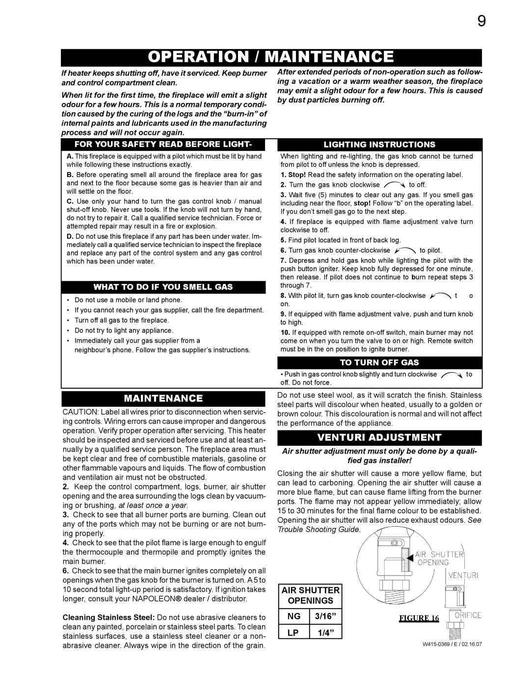 Napoleon Grills GSS36P, GSS36N manual Operation / Maintenance, Venturi Adjustment 