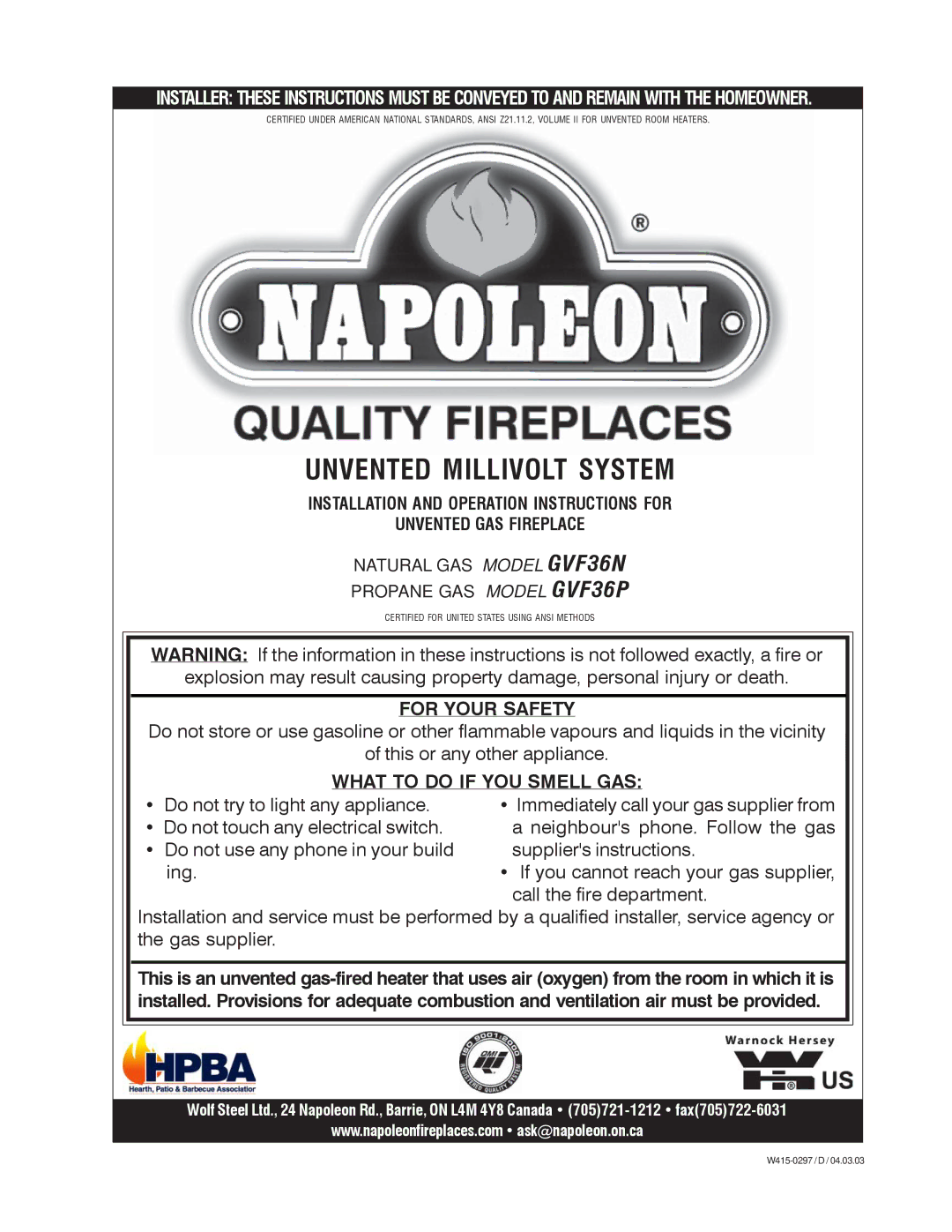 Napoleon Grills GVF36P, GVF36N manual Unvented Millivolt System 