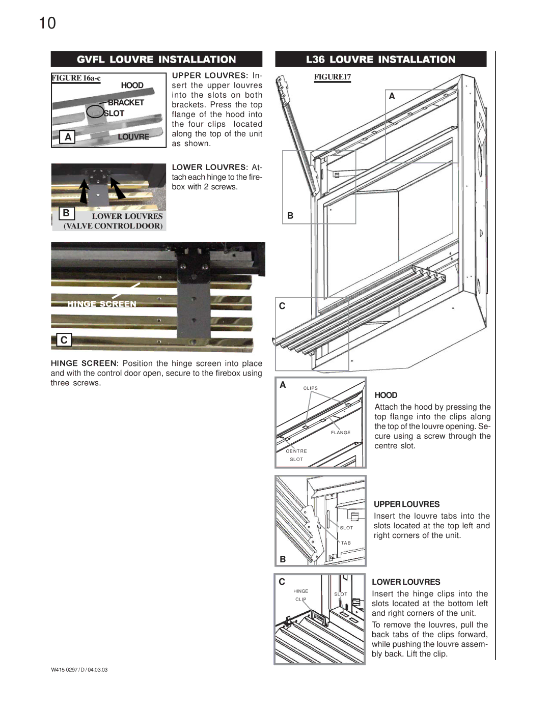 Napoleon Grills GVF36N, GVF36P Gvfl Louvre Installation L36 Louvre Installation, Hood Bracket Slot Louvre, Upper Louvres 