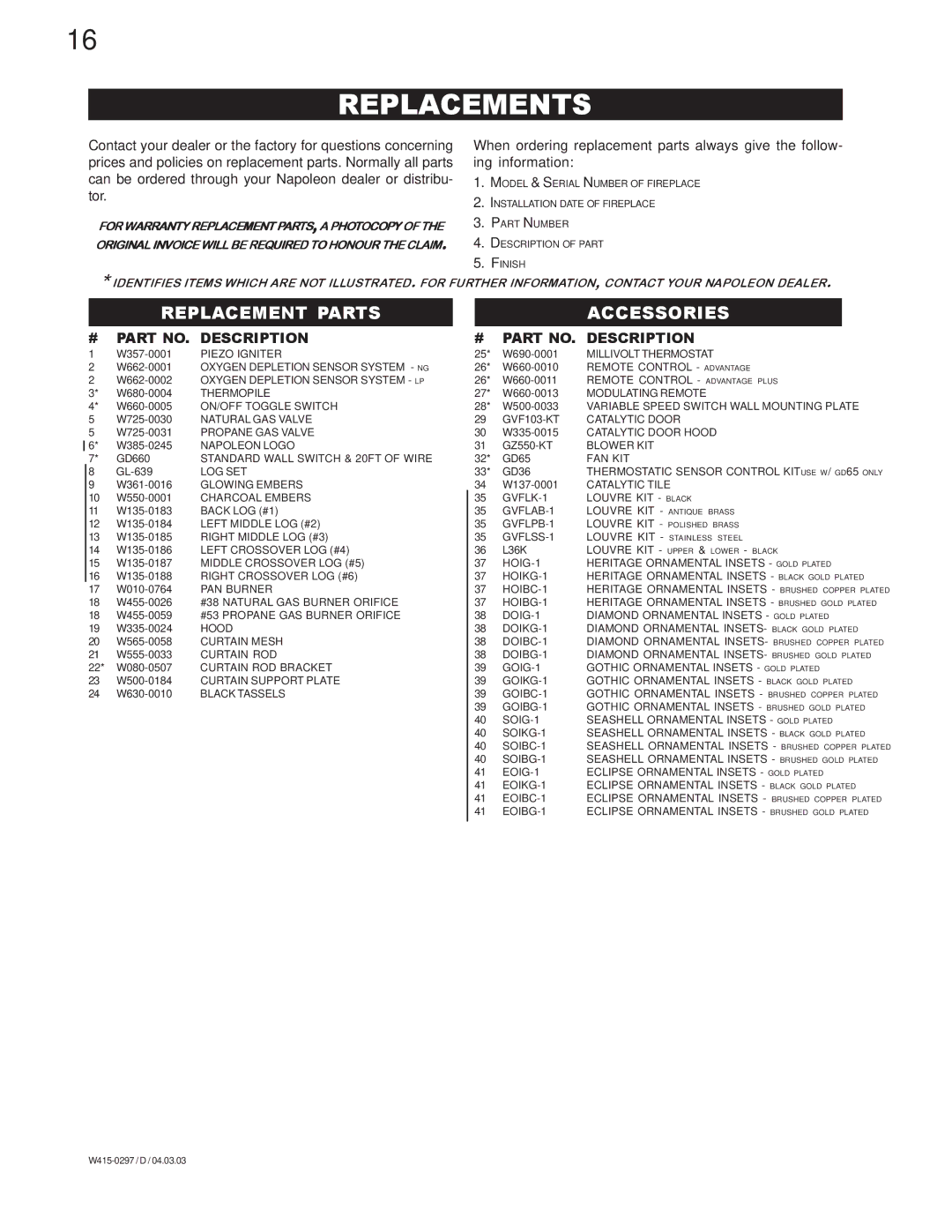 Napoleon Grills GVF36N, GVF36P manual Replacements, Replacement Parts, Accessories 