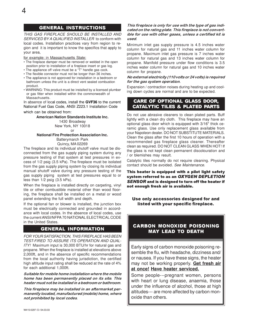 Napoleon Grills GVF36N, GVF36P manual General Instructions, General Information, Carbon Monoxide Poisoning MAY Lead to Death 