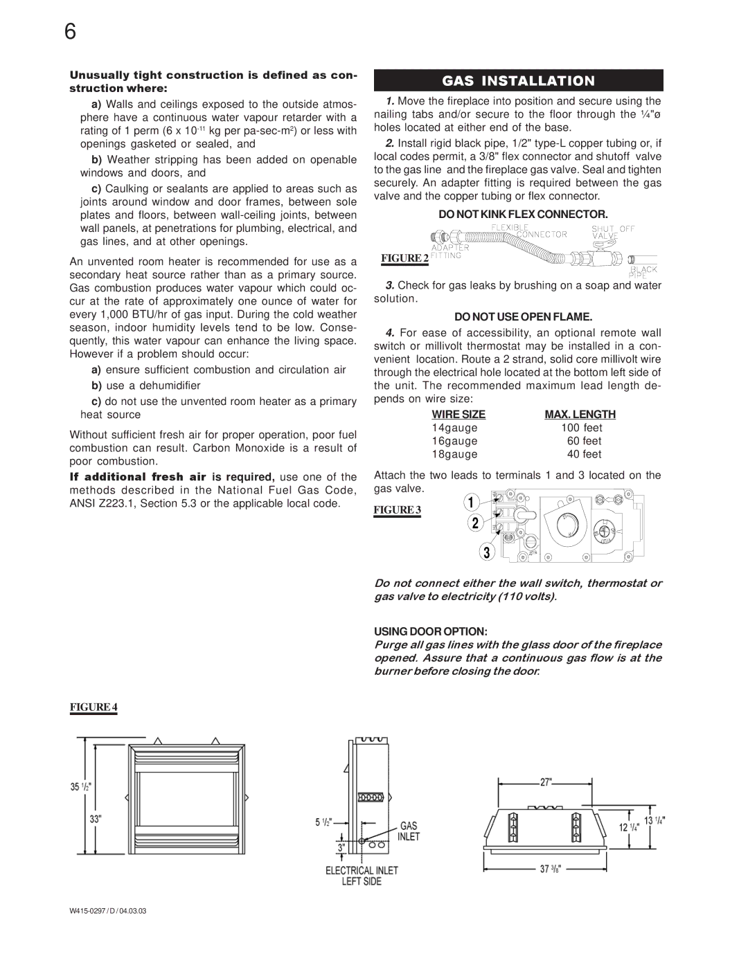 Napoleon Grills GVF36N, GVF36P GAS Installation, Do not Kink Flex Connector, Do not USE Open Flame, Wire Size MAX. Length 