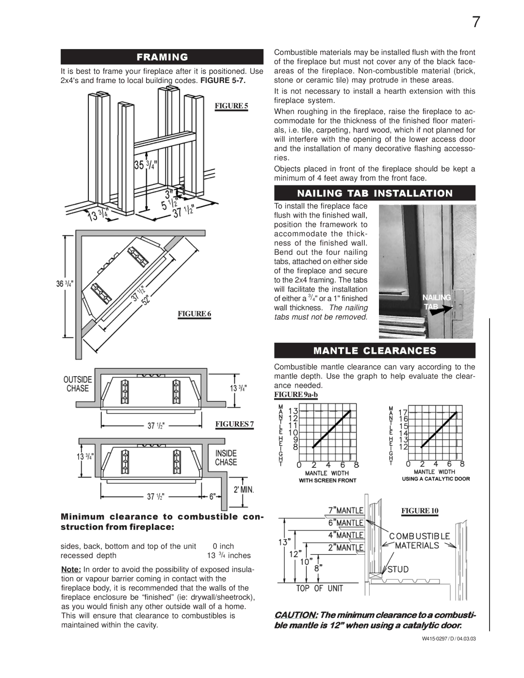 Napoleon Grills GVF36P, GVF36N manual Framing, Nailing TAB Installation, Mantle Clearances 