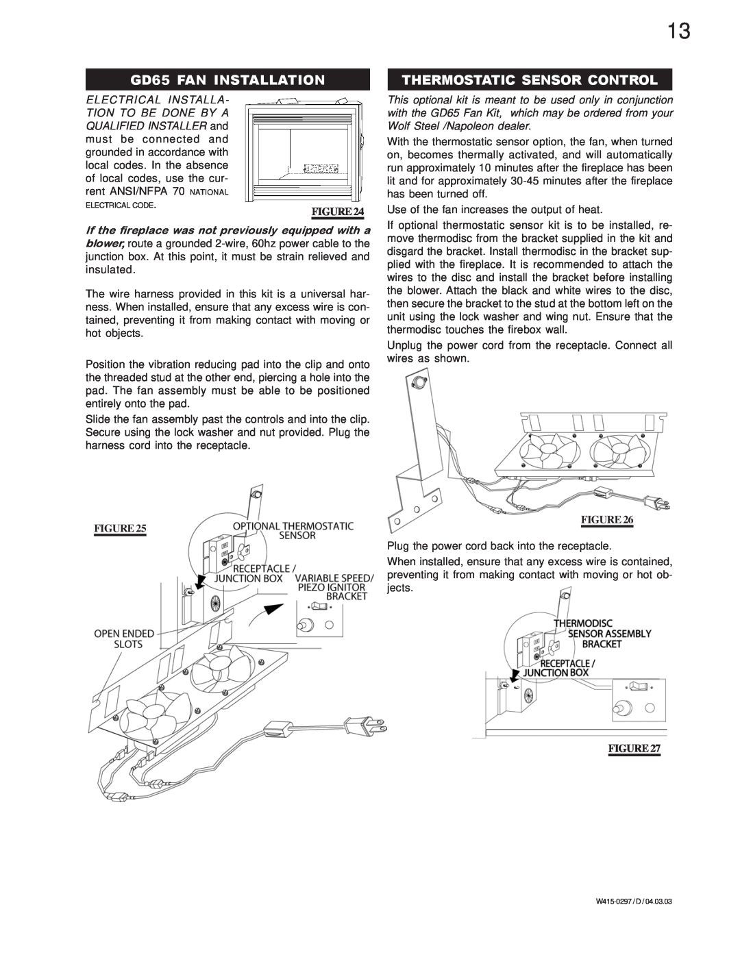 Napoleon Grills GVF36P, GVF36N manual GD65 FAN INSTALLATION, Thermostatic Sensor Control 