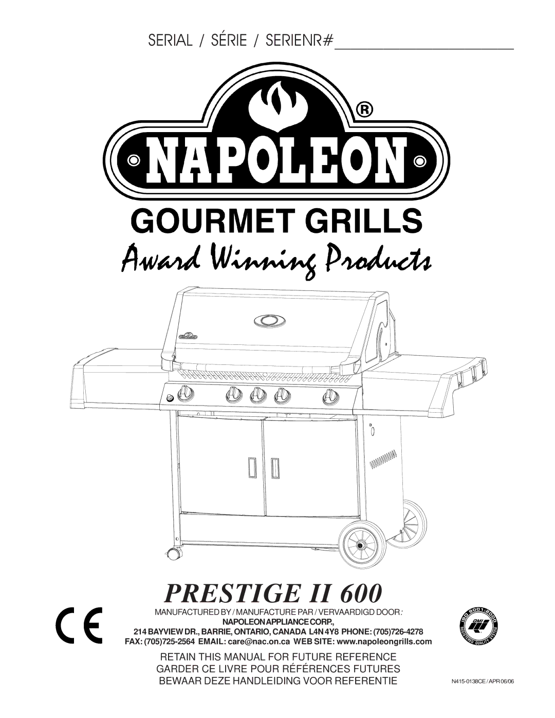 Napoleon Grills II 600 manual Prestige II 