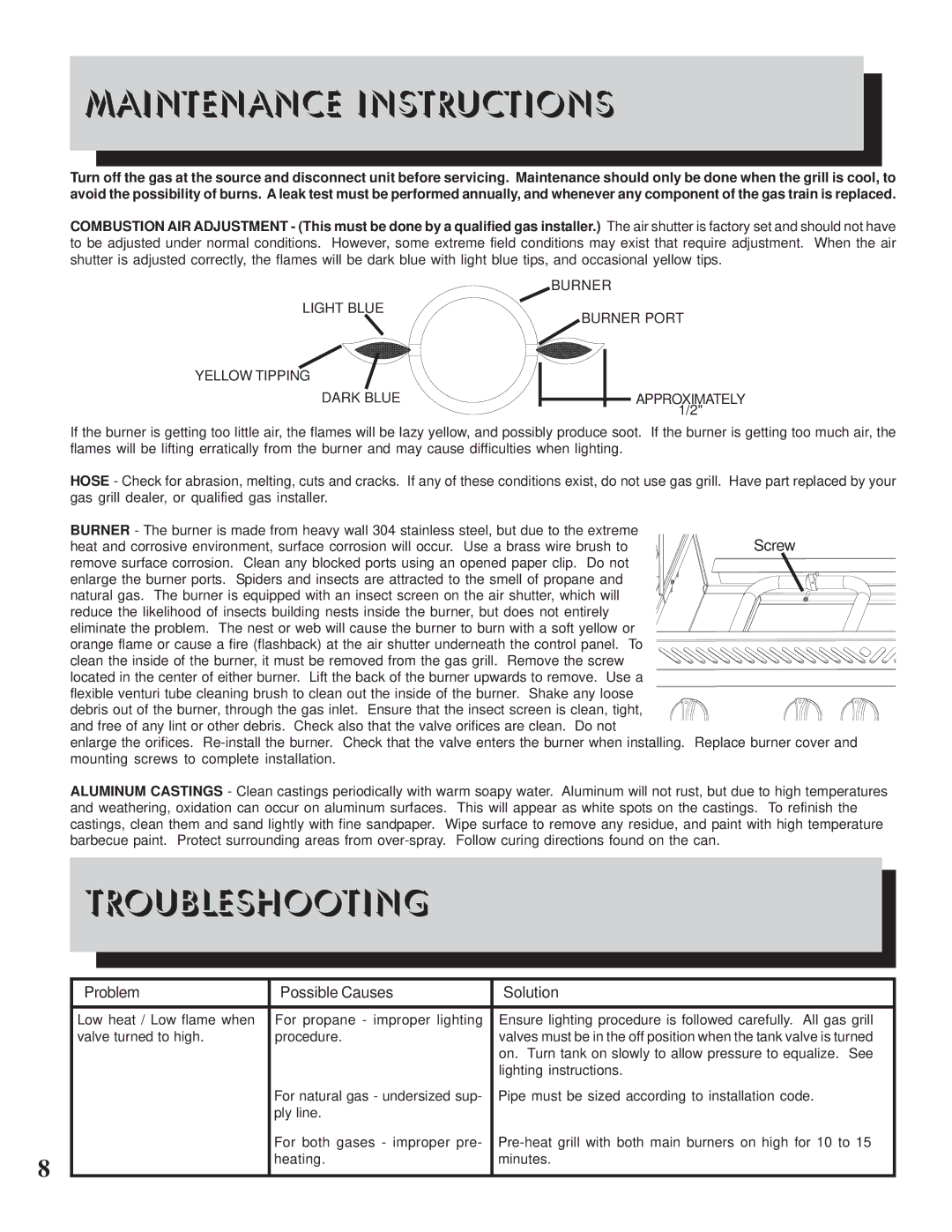 Napoleon Grills II 600 manual Maintenance Instructions, Troubleshooting 