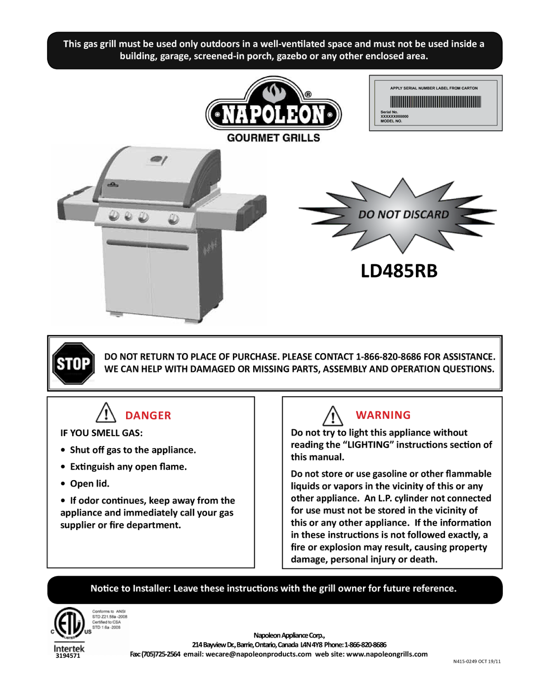 Napoleon Grills LD485RB manual 