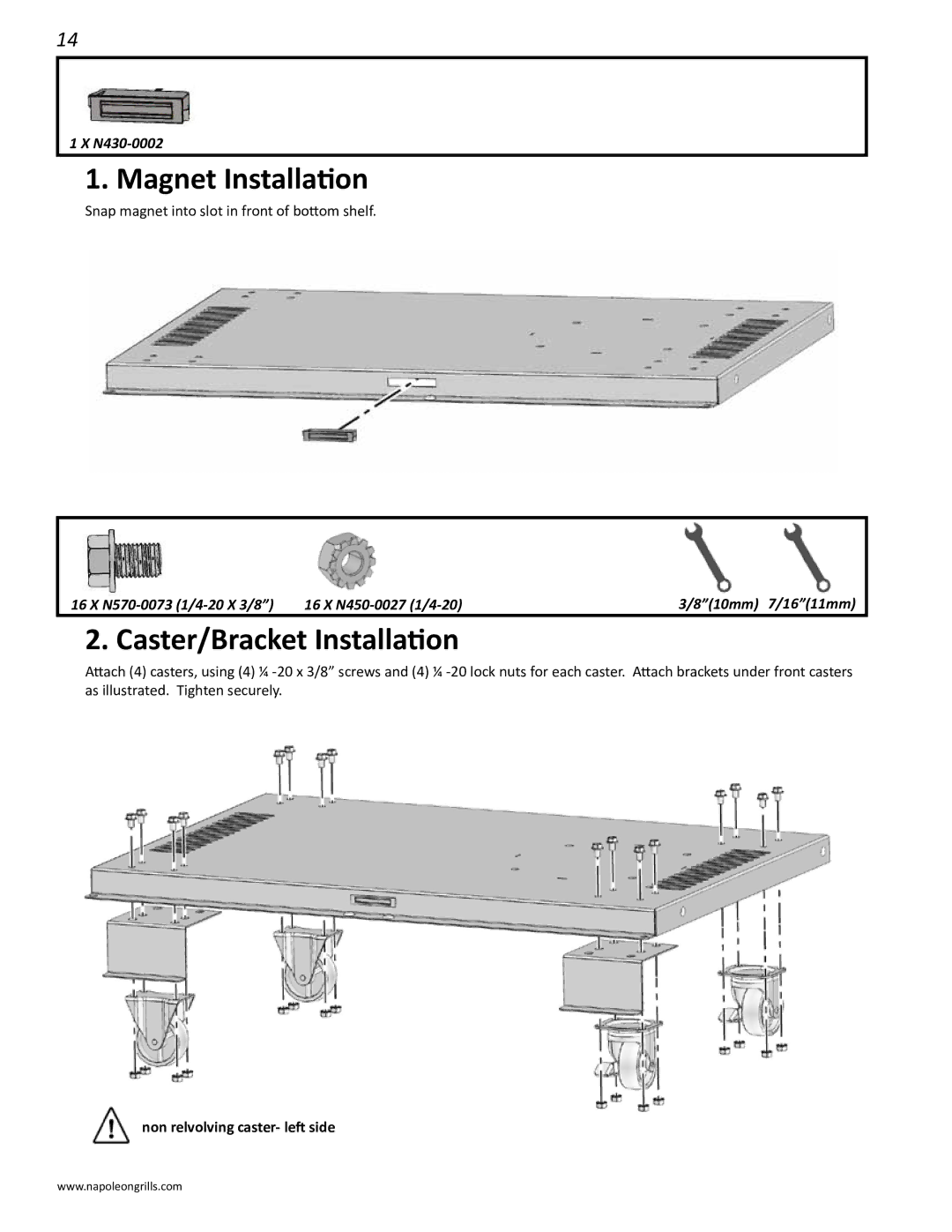 Napoleon Grills LD485RB manual Magnet Installation, Caster/Bracket Installation 