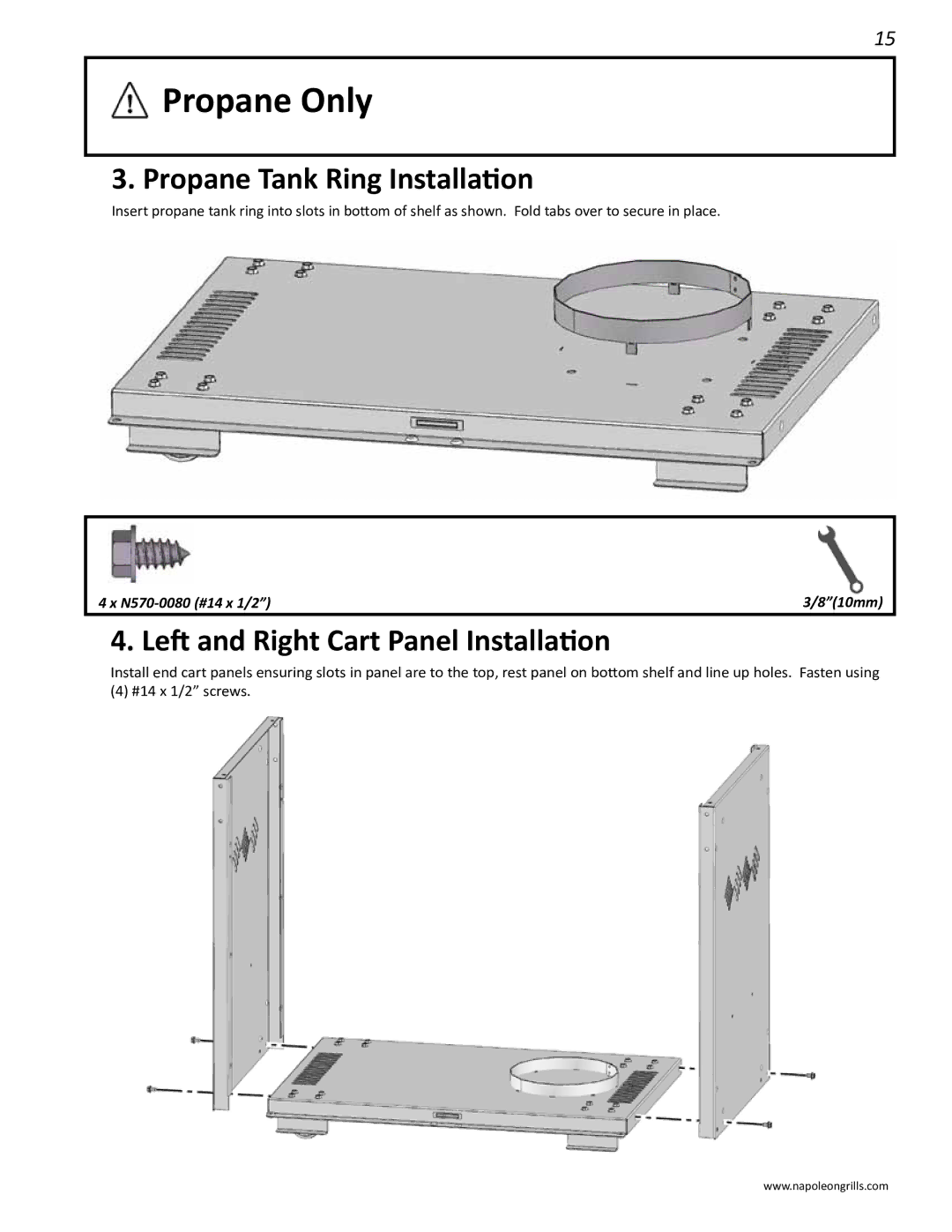 Napoleon Grills LD485RB manual Propane Only, Propane Tank Ring Installation, Left and Right Cart Panel Installation 