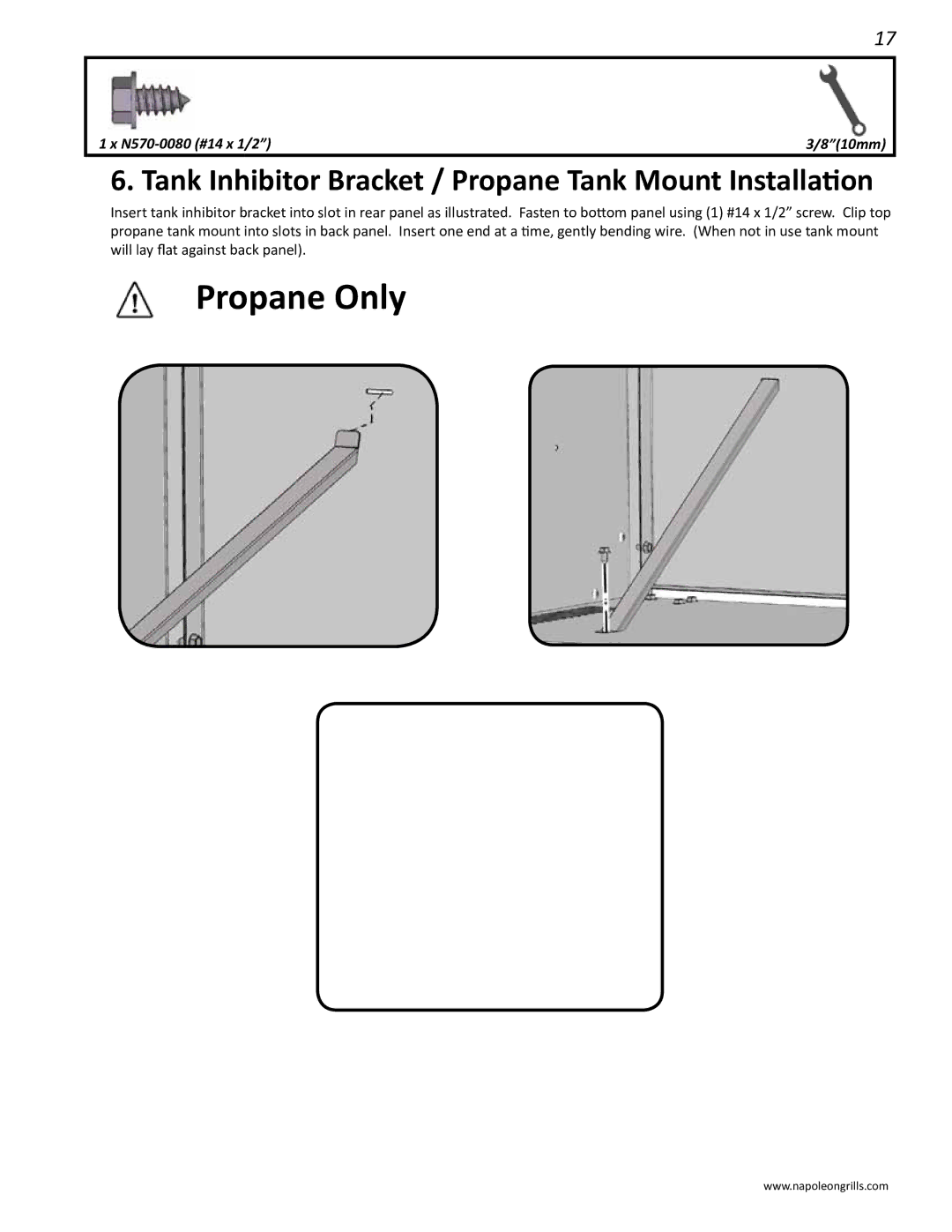 Napoleon Grills LD485RB manual Tank Inhibitor Bracket / Propane Tank Mount Installation 