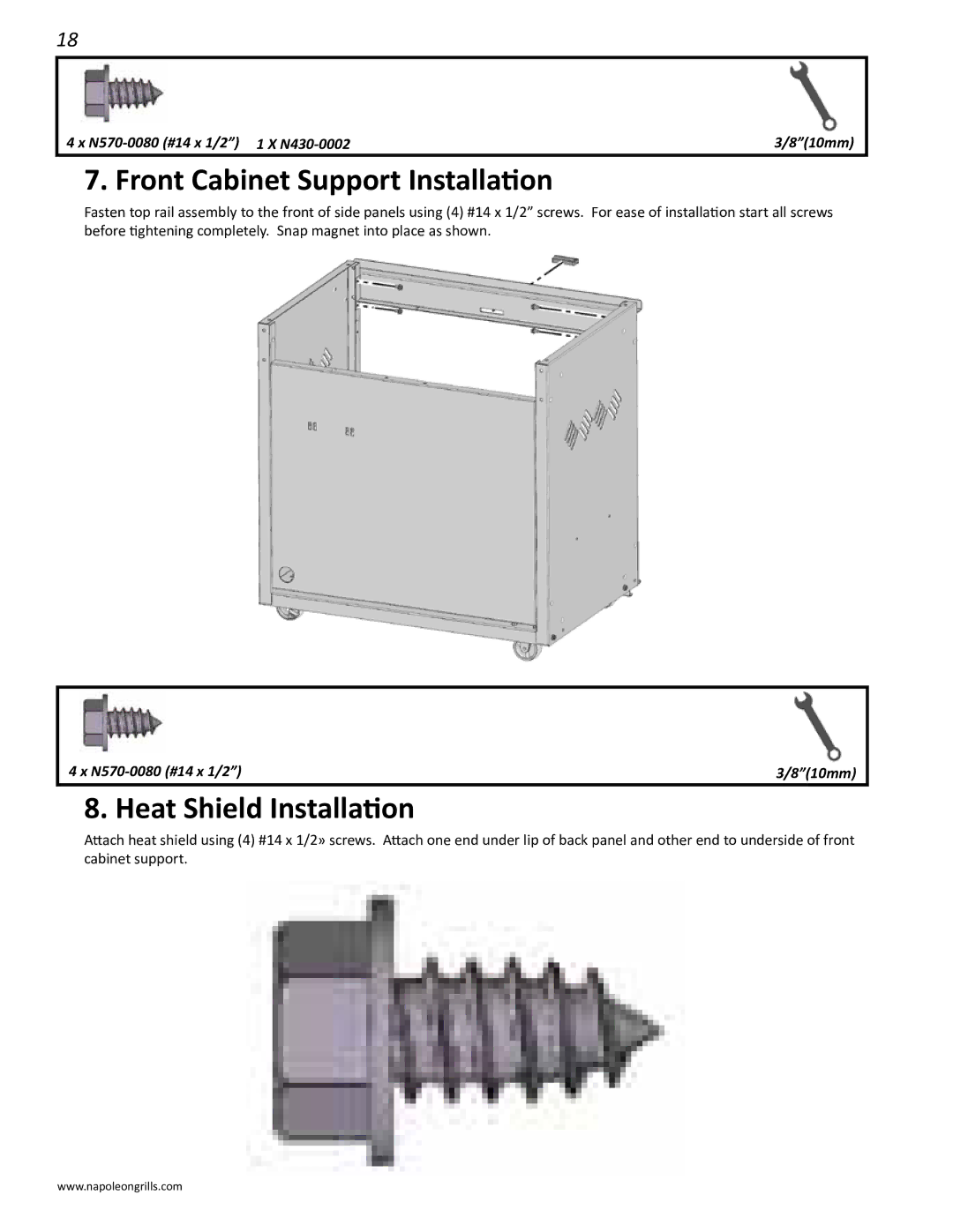 Napoleon Grills LD485RB manual Front Cabinet Support Installation, Heat Shield Installation 