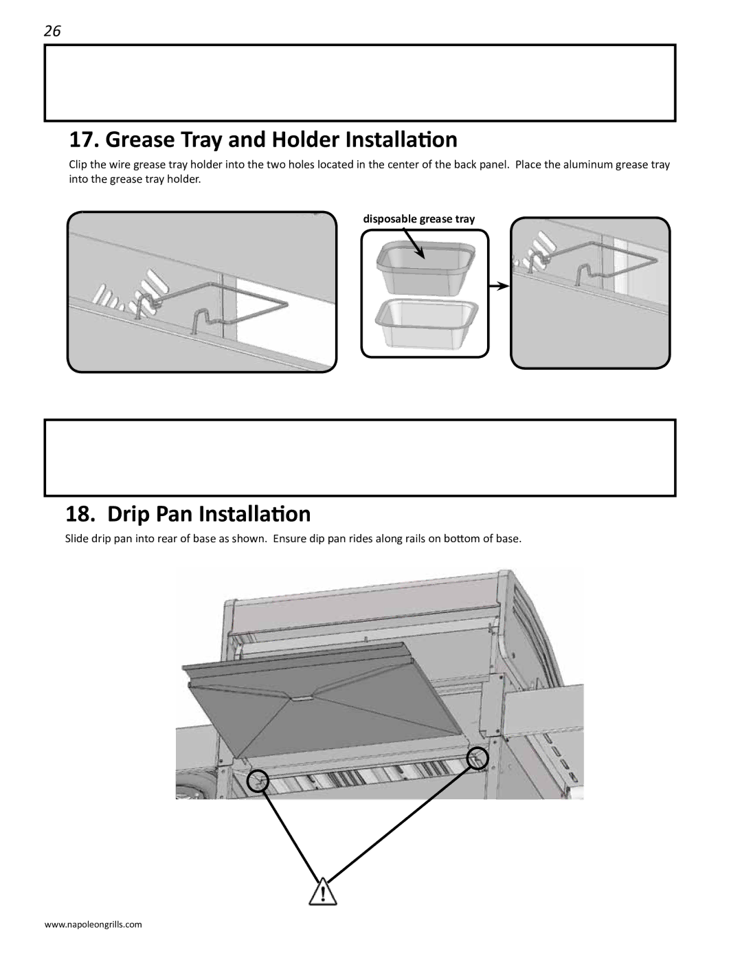 Napoleon Grills LD485RB manual Grease Tray and Holder Installation, Drip Pan Installation 