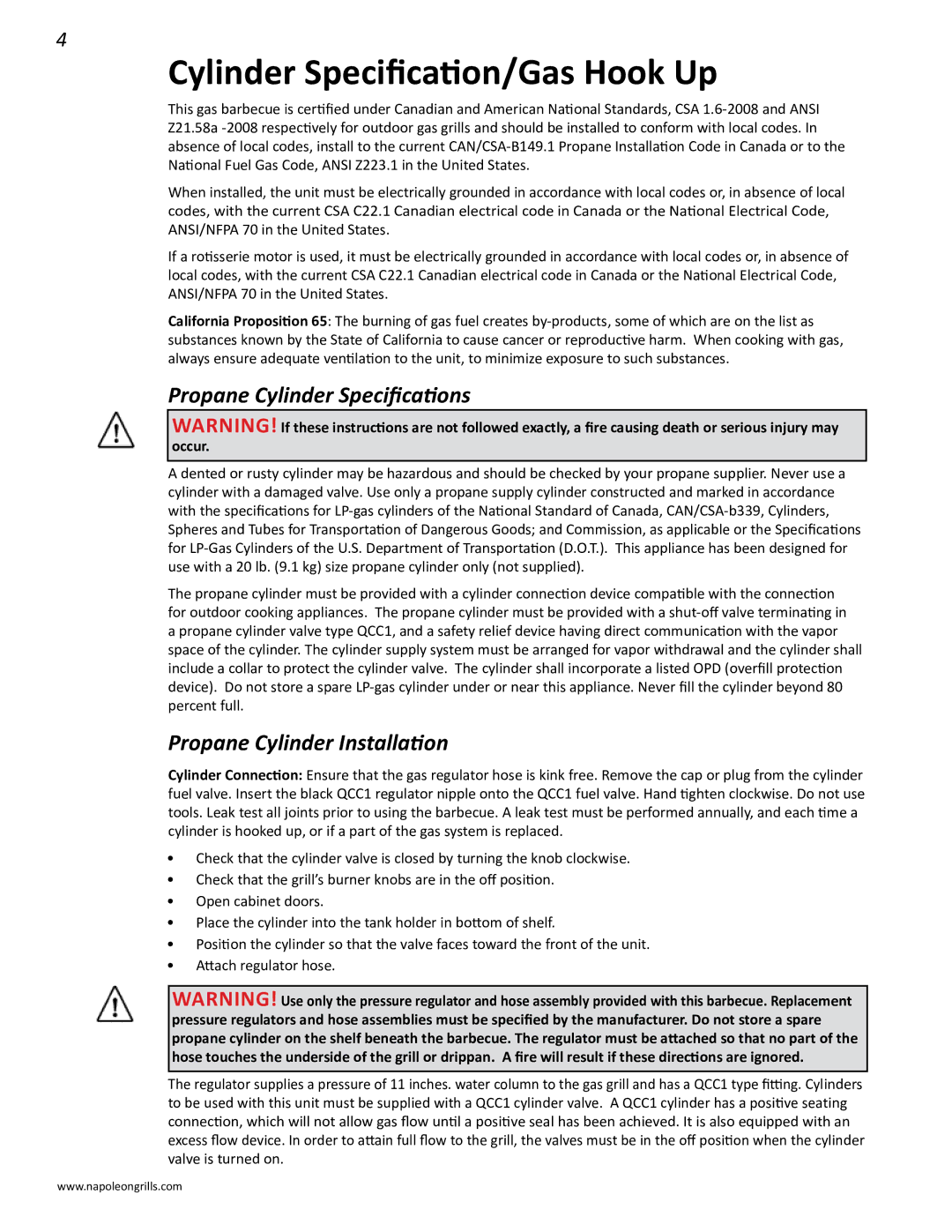Napoleon Grills LD485RB Cylinder Specification/Gas Hook Up, Propane Cylinder Specifications, Propane Cylinder Installation 